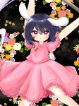  1girl ahoge animal_ears black_hair blush carrot_necklace dress floppy_ears flower frilled_sleeves frills highres inaba_tewi jewelry necklace ol07469724 pink_dress rabbit_ears rabbit_girl rabbit_tail red_eyes ribbon-trimmed_dress short_hair tail touhou 
