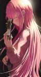  1girl absurdres bocchi_the_rock! closed_eyes from_side gotou_hitori guitar highres instrument jacket light_particles long_hair long_sleeves music nayuyu1105 parted_lips pink_hair pink_jacket playing_instrument plectrum profile smile solo track_jacket very_long_hair 