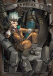 1boy belt boots brown_belt brown_gloves brown_pants dr._stone english_commentary gears gloves goggles green_hair grey_hair hair_between_eyes ishigami_senkuu jacket looking_at_viewer ly_hao_nguyen male_focus mecha pants pouch red_eyes robot sitting solo 
