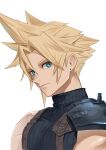  1boy absurdres armor blonde_hair blue_earrings blue_eyes blue_sweater closed_mouth cloud_strife earrings final_fantasy final_fantasy_vii hamuteru102 highres jewelry looking_at_viewer male_focus ribbed_sweater shoulder_armor single_bare_shoulder single_earring sleeveless sleeveless_turtleneck solo spiked_hair stud_earrings suspenders sweater turtleneck turtleneck_sweater upper_body white_background 