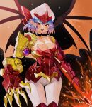  1girl :d alternate_costume bangs bat_wings black_background black_choker blue_hair breasts choker claws cleavage cowboy_shot english_commentary hair_between_eyes highres large_breasts looking_at_viewer mole mole_under_eye open_mouth pants pointy_ears red_eyes remilia_scarlet short_hair simple_background smile solo spear_the_gungnir standing tomatolover16 touhou white_headwear white_pants wings 
