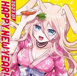  1girl :d animal_ears arm_up artist_name bangs barbed_wire blue_bow blue_eyes blush bow breasts carrot cleavage danganronpa_(series) danganronpa_v3:_killing_harmony dated floral_print happy_new_year iruma_miu japanese_clothes kimono large_breasts long_hair mikao_(eanv5385) open_mouth pink_kimono rabbit_ears rabbit_girl shiny shiny_hair smile solo yellow_background 
