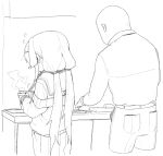  1boy 1girl bald blue_archive cardigan cooking cooking_pot cutting_board flying_sweatdrops greyscale hairband long_hair long_sleeves monochrome off_shoulder pants rkgk_ojisan shirt skirt twintails ui_(blue_archive) 