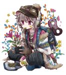 1boy artist_name bloomminority blue_hair candy fantasy floral_background flower food full_body gloves goggles goggles_on_head goggles_on_headwear hat highres light_blue_hair lollipop male_focus multicolored_hair nintendo_switch original pink_flower playing_games short_hair solo steampunk twitter_username white_background white_hair 