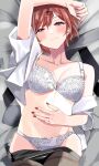  1girl arm_up atto_silia bangs blush bra breasts brown_hair collarbone commentary_request hair_ornament hairclip hand_on_own_stomach highres higuchi_madoka idolmaster idolmaster_shiny_colors looking_at_viewer lying medium_breasts mole mole_under_eye on_back on_bed open_clothes open_shirt panties red_nails shirt short_hair smile solo swept_bangs underwear white_bra white_panties white_shirt 