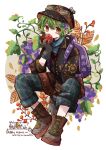  1boy apple artist_name bloomminority eating fantasy floral_background flower food fruit goggles goggles_on_head goggles_on_headwear green_hair hat highres holding holding_food holding_fruit looking_at_viewer male_focus original purple_flower red_eyes red_flower short_hair solo steampunk twitter_username white_background 