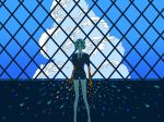  1other androgynous backlighting black_neckwear black_shorts blue_sky cloud cloudy_sky crystal_hair feet_out_of_frame gem_uniform_(houseki_no_kuni) golden_arms green_hair highres houseki_no_kuni looking_at_viewer necktie phosphophyllite puffy_short_sleeves puffy_sleeves sasakisasa27 short_hair short_shorts short_sleeves shorts sky solo sparkle wide_shot 