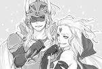  1boy 1girl armor cape cloud_of_darkness dissidia_final_fantasy female final_fantasy final_fantasy_i final_fantasy_iii grin helmet long_hair male mituringo monochrome pen pencil smile warrior_of_light 