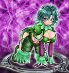  1041_(toshikazu) 1girl all_fours big_breasts blade breasts cleavage green_hair jewelry large_breasts looking_at_viewer purple_eyes ring solo soul_calibur soulcalibur_iii tira tira_(soulcalibur) weapon 