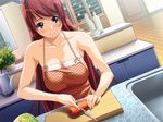  1girl anjou_marine apron blush breasts brother_and_sister carrot cooking female ino long_hair naked_apron nude red_hair sister_scheme solo sweatdrop 