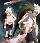  2boys black_hair child gon_freecss hunter_x_hunter killua_zoldyck long_hair male male_focus multiple_boys piggyback resting shota very_long_hair white_hair 