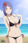  akatsuki_(naruto) beach bikini blue_hair blush breasts cleavage cloud day flower front-tie_top hair_flower hair_ornament hibiscus highres konan large_breasts lens_flare naruto_(series) naruto_shippuuden navel_piercing omega-deviant outdoors piercing pinky_out short_hair side-tie_bikini sky solo swimsuit underboob 