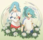  blue_eyes blue_hair brown_eyes chrysanthemum crossed_arms edgar_valtinas flower hair_over_one_eye inazuma_eleven inazuma_eleven_(series) kazemaru_ichirouta long_hair male_focus multiple_boys peony_(flower) ponytail soccer_uniform sportswear yukasummer 