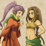  2girls arc_the_lad arc_the_lad_i arc_the_lad_ii arms_behind arms_behind_back brown_hair choker earrings female green_eyes jewelry kukuru kukuru_(arc_the_lad) long_hair midriff multiple_girls open_mouth ponytail purple_eyes purple_hair sania tank_top tanktop yadoso 