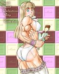  1girl biceps bikini blonde_hair blue_eyes chocolate earth_color long_hair mint_wall muscle muscular muscular_female solo swimsuit vale valentine wedding 