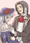  1girl black_hair blue_eyes breast_grab breasts closed_eyes dress facial_hair flower grabbing hat long_hair medium_breasts monocle mustache ronove rose short_hair silver_hair translation_request umineko_no_naku_koro_ni virgilia 