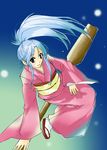  blue_hair botan_(yu_yu_hakusho) botan_(yuu_yuu_hakusho) female gradient gradient_background japanese_clothes kimono long_hair nagisanma ponytail red_eyes sandals solo yu_yu_hakusho yuu_yuu_hakusho 