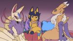  animal_crossing ankha_(animal_crossing) anthro bed black_hair breasts canid canine digimon digimon_(species) domestic_cat felid feline felis female fox group hair kyubi_(yo-kai_watch) looking_at_viewer mammal nintendo pillow plagueofgripes renamon sitting video_games watch yo-kai_watch youkai 