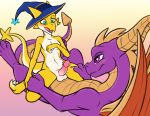  anal anal_penetration anthro balls big_dom_small_sub blush dragon duo erection evilymasterful green_eyes hat horn kobold larger_male male male/male male_penetrated male_penetrating membranous_wings nude open_mouth penetration penis precum purple_eyes sex size_difference smaller_male spyro spyro_the_dragon video_games wings wizard_hat 