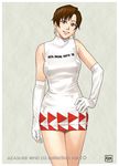  azasuke bare_shoulders brown_eyes brown_hair dress earrings elbow_gloves female gloves hand_on_hip highres hips jewelry looking_at_viewer nagase_reiko race_queen ridge_racer short_hair smile solo standing thigh_gap thighs 