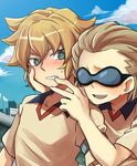  2boys blonde_hair blush child dylan_keith embarrassed goggles inazuma_eleven inazuma_eleven_(series) male male_focus mark_kluger mark_kruger multiple_boys oddnoise shota smile tears yaoi 