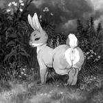  anus butt crookedtrees female flower grass greyscale lagomorph looking_back mammal monochrome nude open_mouth outside plant pussy quadruped rabbit semi-anthro sky solo standing 