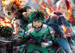  2019 3boys bakugou_katsuki bangs bare_shoulders black_pants black_shirt blue_jacket blue_pants blurry blurry_background bodysuit boku_no_hero_academia clenched_hands clenched_teeth commentary depth_of_field electricity eyebrows_visible_through_hair fire gloves glowing glowing_eyes green_bodysuit green_eyes green_hair grey_eyes grin ice jacket light_brown_hair long_sleeves looking_at_viewer male_focus midoriya_izuku multicolored_hair multiple_boys open_mouth pants profile red_eyes red_hair shirt sleeveless sleeveless_shirt sleeves_folded_up smile standing sunako_(veera) teeth todoroki_shouto twitter_username two-tone_hair v-shaped_eyebrows white_gloves white_hair 