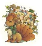  bad_pixiv_id bow brown_eyes character_name closed_mouth flower full_body gen_1_pokemon green_bow looking_at_viewer m-mi no_humans packet pink_bow pokemon pokemon_(creature) simple_background sitting smile stamp vulpix white_background 