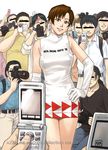  6+boys azasuke bare_shoulders brown_eyes brown_hair camera crowd dress earrings elbow_gloves gloves hand_on_hip highres hips jewelry looking_at_viewer multiple_boys nagase_reiko phone race_queen ridge_racer short_hair smile solo standing thigh_gap thighs 