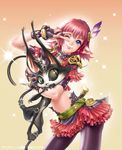  blue_eyes cait_sith cat choker dancer earrings elf elf_ears elvaan feather feathers female final_fantasy final_fantasy_xi fingerless_gloves gloves hair_ornament jewelry lilisette maeda_hiroyuki midriff miniskirt pantyhose pointy_ears red_hair short_hair skirt v wink 