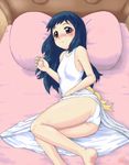  bed blue_hair dress gouguru hikari_(pokemon) long_hair one_piece_dress panties pillow pokemon underwear white_panties 