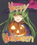  1girl c.c. cc code_geass female gloves green_hair halloween hat jack-o'-lantern jack-o-lantern kisaragi_n long_hair pumpkin solo spicywolf0215 witch_hat yellow_eyes 