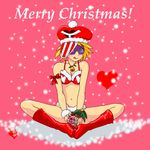  1girl :d ai-chan bikini blush christmas fur_bikini hat highres kaminari_ai mask odate_buta open_mouth pink_background simple_background smile swimsuit time_bokan_(series) yatterman 