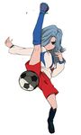  1boy ball blue_hair edgar_balchinas edgar_valtinas full_body hair_over_one_eye inazuma_eleven inazuma_eleven_(series) kick kicking leg legs long_hair male male_focus simple_background soccer_ball solo white_background 