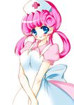  1girl blush cute joy_(pokemon) nurse pink_hair pokemon simple_background smile solo white_background 