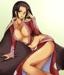  ass black_eyes black_hair blush boa_hancock breasts cape cleavage earrings erect_nipples huge_breasts jewelry long_hair lying midriff momo_765 navel on_side one_piece open_clothes open_shirt rirakukan shirt smile 