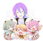  2boys 2girls aged_down animal_ear_fluff animal_ears aqua_hair bangs blonde_hair fangs gradient_hair green_hair hair_between_eyes heart kamishiro_rui kusanagi_nene long_hair long_sleeves multicolored_hair multiple_boys multiple_girls ootori_emu open_mouth orange_eyes orange_hair pink_eyes pink_hair project_sekai purple_eyes purple_hair sekai_yoni short_hair star_(symbol) star_in_eye streaked_hair sweater symbol_in_eye tenma_tsukasa tiger_ears white_background wonderlands_x_showtime_(project_sekai) yellow_eyes 