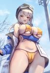  1girl arm_under_breasts bikini breast_hold breasts brown_eyes grey_hair hat highres jacket large_breasts looking_at_viewer nameco_(nameco_h) navel open_clothes open_jacket open_mouth original outdoors ski_goggles solo sweat swimsuit thick_thighs thighs yellow_bikini 