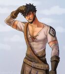  1boy absurdres bandaged_arm bandages bara beard black_eyes black_hair blacksmith cowboy_shot cross-laced_slit emot1onal_m3ss facial_hair genshin_impact hand_on_own_head hands_up highres looking_down male_focus mature_male muscular muscular_male mustache pectoral_cleavage pectorals short_hair solo standing thick_eyebrows wagner_(genshin_impact) 
