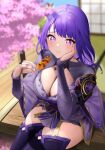 1girl :t architecture armor black_thighhighs blurry blurry_background breasts bridal_gauntlets cherry_blossoms closed_mouth dango east_asian_architecture food genshin_impact hand_on_own_face hands_up highres holding holding_food japanese_clothes kimono large_breasts long_hair looking_at_viewer obi off_shoulder outdoors purple_eyes purple_hair purple_kimono raiden_shogun raised_eyebrows sash shoulder_armor shrug_(clothing) sitting solo sparkling_eyes thighhighs thighs tree vision_(genshin_impact) wagashi ym-1 