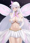  1girl albion_(azur_lane) azur_lane blue_eyes breasts butterfly_wings cowboy_shot elbow_gloves flower fujisawa_sorao gloves hair_flower hair_ornament hand_on_own_cheek hand_on_own_face highres large_breasts long_hair microskirt navel pink_flower skirt solo very_long_hair white_gloves white_hair white_skirt wings 