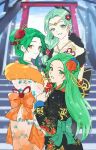  3girls alternate_costume black_kimono brown_eyes character_request commentary cowboy_shot earrings elincia_ridell_crimea fire_emblem fire_emblem:_path_of_radiance fire_emblem:_radiant_dawn floral_print flower forehead green_eyes green_hair hair_flower hair_ornament highres japanese_clothes jewelry kimono long_hair long_sleeves multiple_girls nephenee_(fire_emblem) orange_kimono outdoors red_flower revision sigrun_(fire_emblem) silvercandy_gum torii white_kimono 
