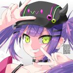  1girl absurdres arm_up bangs baseball_cap black_choker black_headwear choker collarbone commentary_request double_v fake_horns floating_hair green_eyes grey_background grin hair_ornament hairclip hand_up hat highres hololive horned_headwear horns long_hair looking_at_viewer purple_hair qr_code simple_background smile solo tokoyami_towa twintails twitter_username v v-shaped_eyebrows v_over_mouth virtual_youtuber yamaguchi_shinnosuke 
