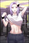  1girl arm_up bangs black_pants blurry bra_strap breasts clothes_lift cowboy_shot crop_top denim depth_of_field frown gym hand_on_own_head hand_up highres indoors large_breasts lifted_by_self long_hair looking_at_viewer midriff navel original pants parted_bangs purple_hair red_eyes s-goon shirt shirt_lift short_sleeves solo standing stomach sweatband underboob unmoving_pattern white_shirt 