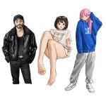  1boy 2girls adidas bangs bare_legs barefoot beard black_hair black_jacket black_pants black_shirt blue_shirt eyewear_on_head facial_hair google grey_pants highres hood hood_down jacket long_hair multiple_girls original pants pink_hair print_shirt rinotuna shirt short_hair simple_background white_background white_shirt 