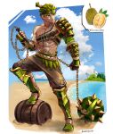  1boy abs absurdres armor armored_boots ball_and_chain_(weapon) barrel beach biceps black_gloves blue_sky boots cloud cloudy_sky day durian fingerless_gloves gloves green_hair highres male_focus muscular muscular_male original outdoors pectorals personification reference_inset semmya_ori serious shadow short_hair sky solo spike_ball spiked_ball_and_chain spikes tree water 