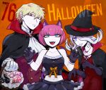  1boy 2girls :d andou_ruruka animal_ears ascot bangs bare_shoulders basket black_cape black_gloves black_headwear black_skirt blonde_hair bow breasts buttons candy cape cat_ears collarbone commentary_request danganronpa_(series) danganronpa_3_(anime) double-breasted dress fangs food fur-trimmed_gloves fur-trimmed_shirt fur_trim gloves gradient gradient_background grey_hair grin hair_between_eyes hair_over_one_eye halloween hat holding holding_basket izayoi_sounosuke kimura_seiko kunai large_breasts long_hair multicolored_hair multiple_girls navel orange_background orange_bow pink_hair pleated_skirt pointy_ears red_cape red_dress red_eyes shimada_(dmisx) shiny shiny_hair shirt short_hair skirt slit_pupils smile stomach streaked_hair teeth two-sided_cape two-sided_fabric upper_body vampire weapon white_ascot white_gloves witch witch_hat 