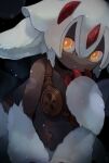  1girl bangs dark-skinned_female dark_skin extra_arms faputa fewer_digits glowing glowing_eyes hair_between_eyes highres made_in_abyss monster_girl navel sharp_teeth short_hair solo teeth upper_body very_dark_skin watatuki white_fur white_hair yellow_eyes 