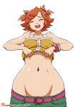  &gt;_&lt; 1girl :d bangs belt bracelet breasts captain_earth clothes_lift commentary commission english_commentary hair_ornament jewelry looking_at_viewer midriff navel navellunatic open_mouth orange_hair purple_eyes shirt_lift short_hair shorts smile solo white_background xd yomatsuri_akari 