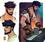  1boy anvil bandaged_arm bandages beard black_eyes black_hair blacksmith collage cross-laced_slit facial_hair genshin_impact gloves hammer highres holding holding_hammer lapstle male_focus mature_male muscular muscular_male mustache short_hair wagner_(genshin_impact) 